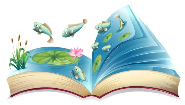 Su birikintisi açık kitap çizimde balık