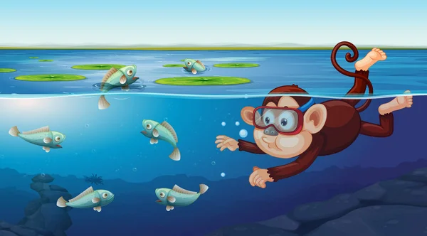 Monkey Swimming Underwater Scene Illustration — Stock Vector