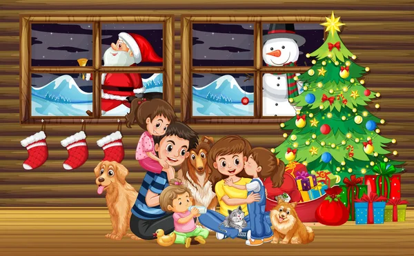 Noël Famille Dans Salon Avec Illustration Arbre — Image vectorielle