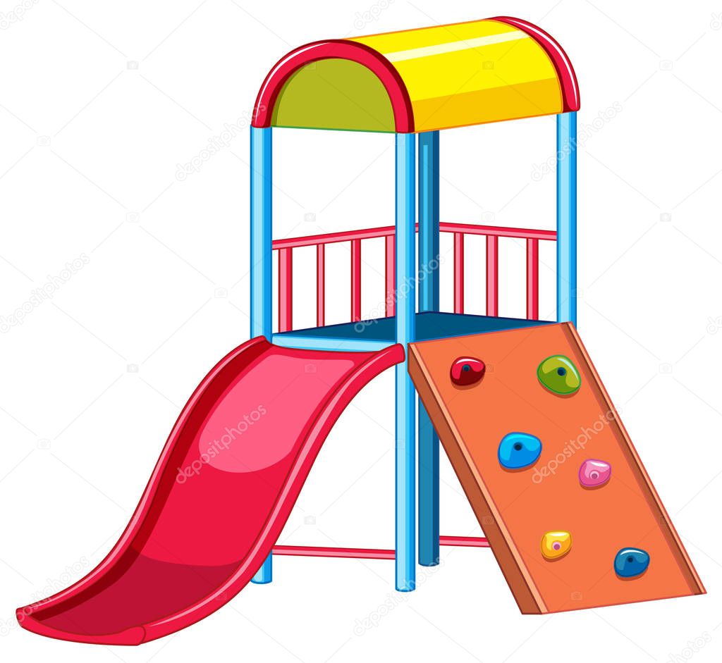 Playground equipment with slide and rock climber illustration