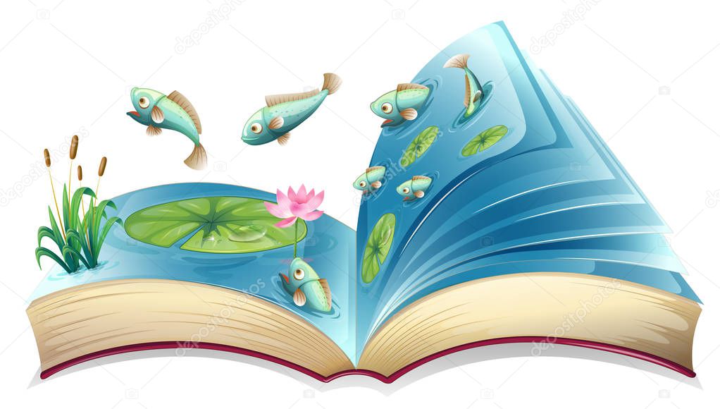 Fish in the pond open book illustration