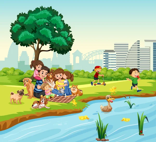 Family picnic next to duck pond illustration