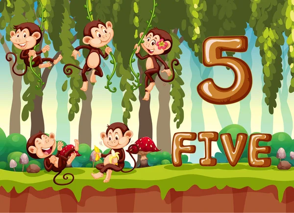 Five Monkey Jungle Illustration — Stock Vector