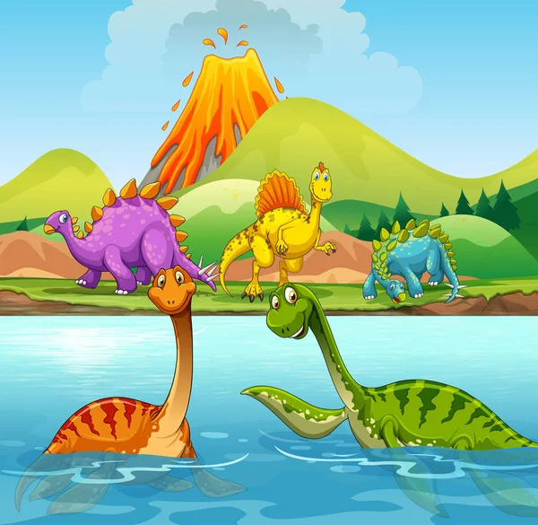 Una Ilustración Dibujos Animados Dinosaurios — Vector de stock