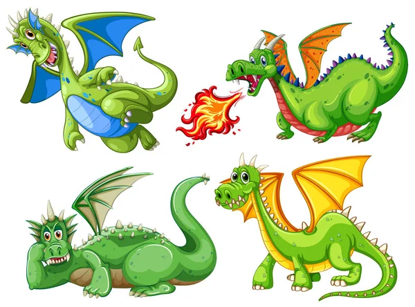 Conjunto Ilustración Dragón Verde — Archivo Imágenes Vectoriales