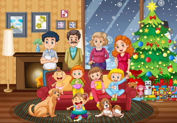 Grande Riunione Famiglia Giorno Natale Illustrazione — Vettoriale Stock