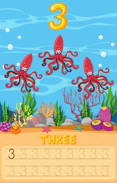 Drie Octopus Onderwater Werkblad Illustratie — Stockvector