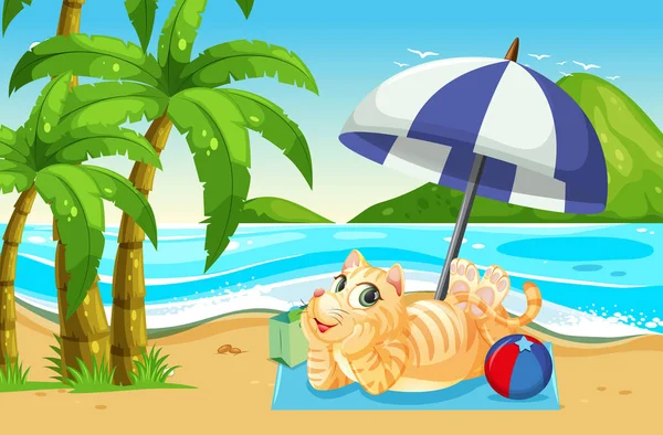 Gato Relajándose Junto Playa Ilustración — Vector de stock