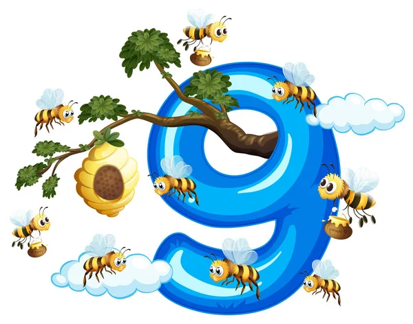Nine Bee Number Nine Illustration — Stock Vector