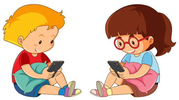 Menino Menina Jogando Telefone Celular Ilustração —  Vetores de Stock