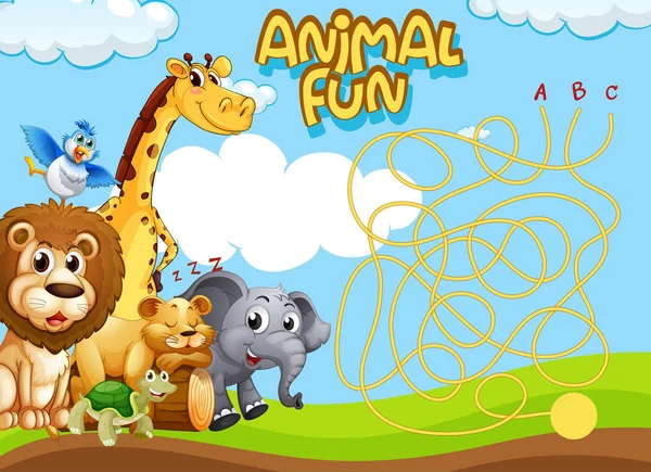 Άγρια Ζώα Λαβύρινθο Παζλ Παιχνίδι Πρότυπο Εικονογράφηση — Διανυσματικό Αρχείο