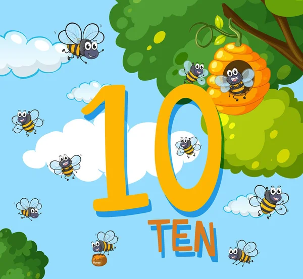 Count Number Ten Bee Illustration — Stock Vector