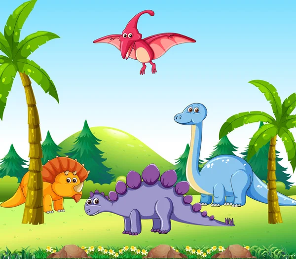Illustration Différents Dinosaures Dans Nature — Image vectorielle