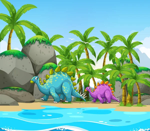 Dinozaurów Obok Plaży Ilustracja — Wektor stockowy