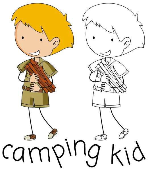 Doodle Campeggio Bambino Personaggio Illustrazione — Vettoriale Stock
