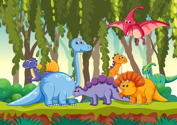 Différents Dinosaures Dans Illustration Forestière — Image vectorielle