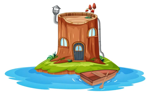 Ένα Ξύλινο Σπίτι Στο Μικρό Νησί Εικονογράφηση — Διανυσματικό Αρχείο