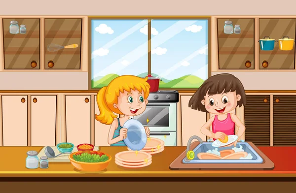 女孩清洁盘在厨房例证 — 图库矢量图片