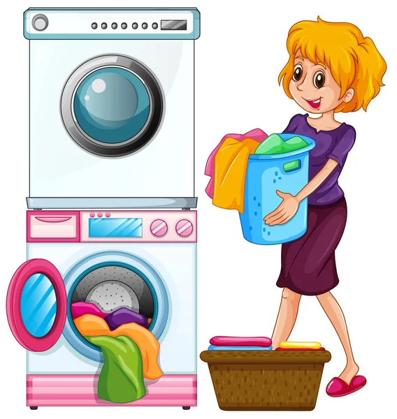 Kvinnan gör tvätt på vit bakgrund illustration