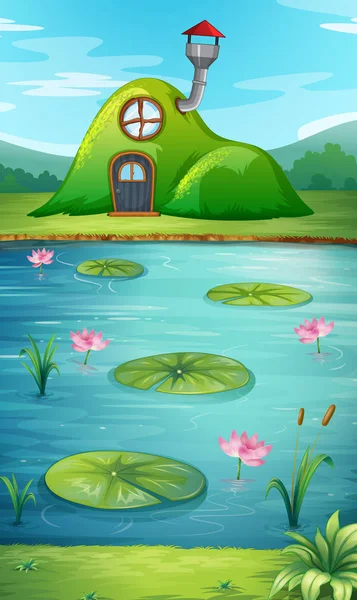 Hill House Next Pond Illustration — Stock Vector