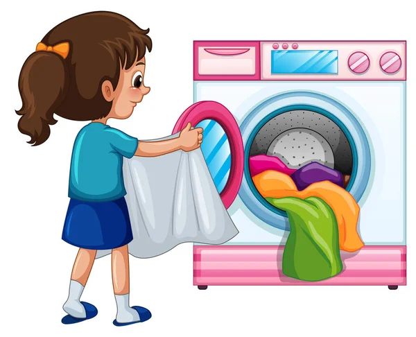 Young Girl Doing Laundry Illustration — Stock Vector