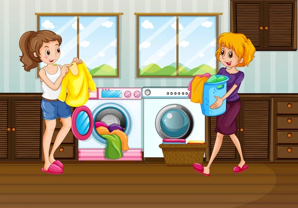 Γυναίκα Πλυντηρίου Στην Απεικόνιση Δωμάτιο — Διανυσματικό Αρχείο