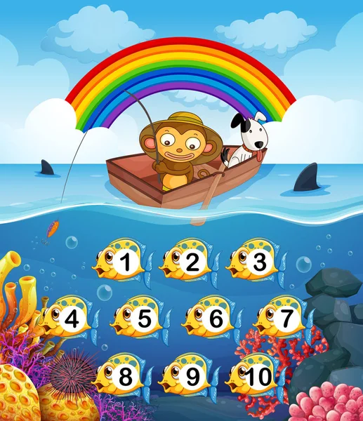 Monkey on the boat fishing illustration