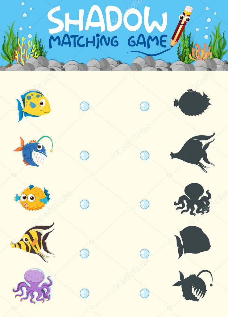 Underwater shadow matching game template illustration