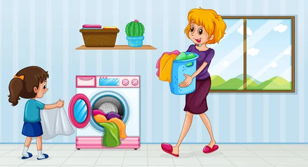 Mother Daughter Doing Laundry Illustration — Stock Vector