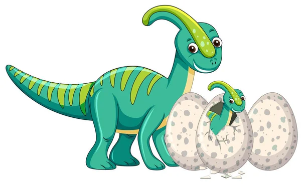 Adult dinosaur and baby dinosaur hatching egg illustration