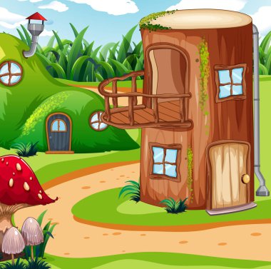 Ahşap evde büyülü doğa illüstrasyon