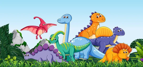 Illustration Nombreux Dinosaures Dans Nature — Image vectorielle
