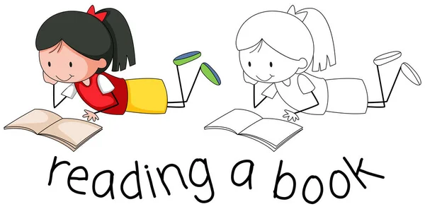 Doodle Chica Lectura Libro Ilustración — Vector de stock