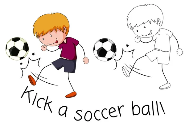 Doodle Boy Kick Fotbalový Míč Ilustrace — Stockový vektor