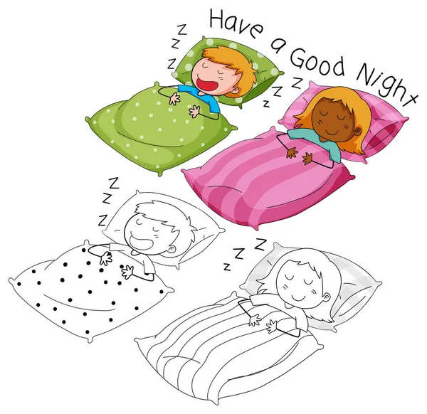 Doodle Ragazzo Ragazza Dormire Illustrazione — Vettoriale Stock