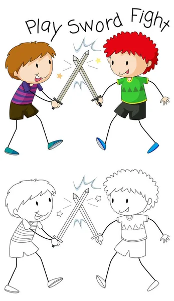 Doodle Chicos Jugando Espada Lucha Ilustración — Vector de stock