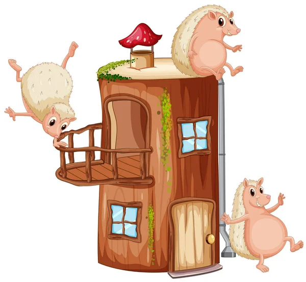 Hedgehog Brincando Ilustração Casa Madeira — Vetor de Stock