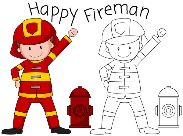 Doodle Glücklich Feuerwehrmann Charakter Illustration — Stockvektor