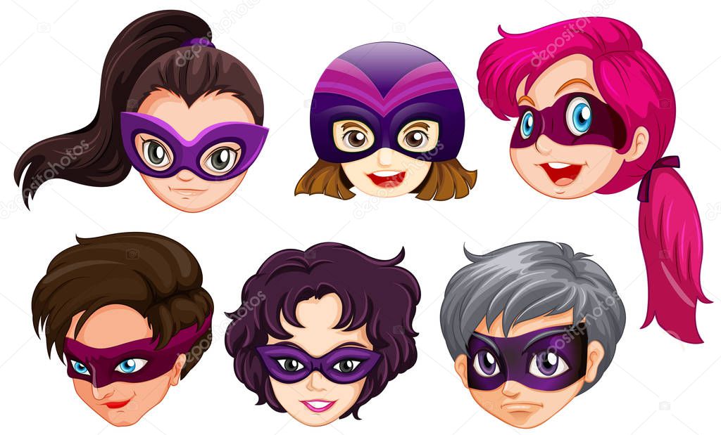 Set of female superhero head illustration