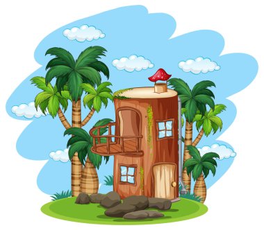 Ahşap evde büyülü doğa illüstrasyon