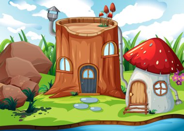 Sihirli ağaç gövde ev illüstrasyon