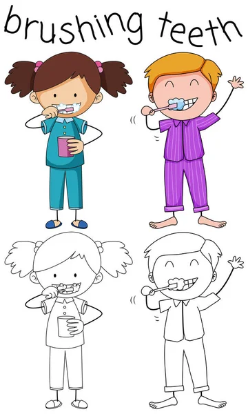 Doodle Boy Girl Brushing Teeth Illustration — Stock Vector
