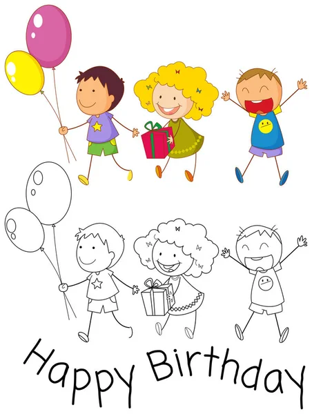 Bambini Doodle Celebrano Illustrazione Del Compleanno — Vettoriale Stock