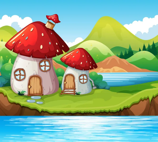 Maison Champignons Près Lac Illustration — Image vectorielle