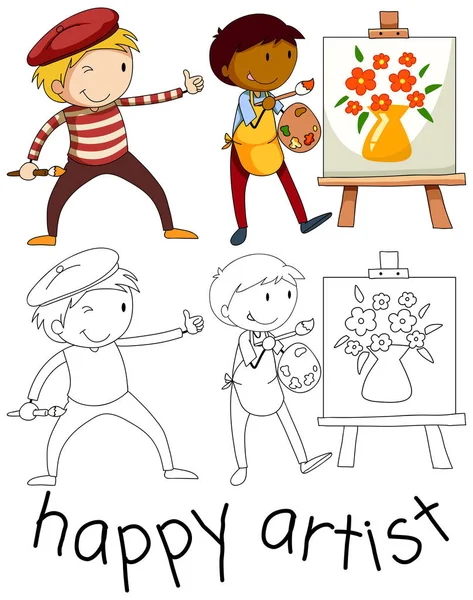 Doodle Ilustração Personagem Artista Feliz —  Vetores de Stock