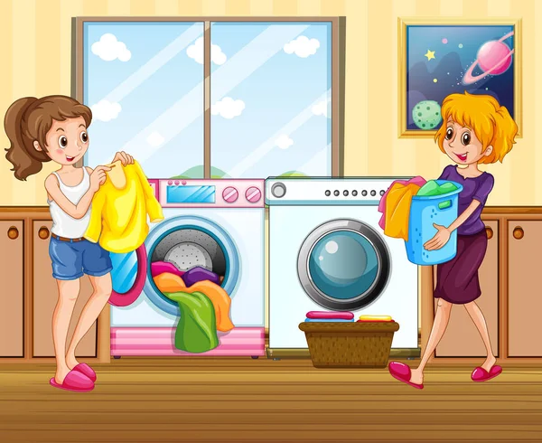 Junge Dame Wäscht Kleidung Illustration — Stockvektor