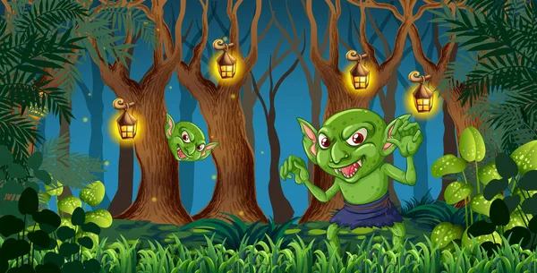 Goblin Nella Foresta Oscura Illustrazione — Vettoriale Stock