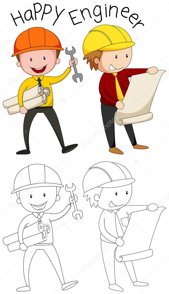 Doodle happy engineer character illustration