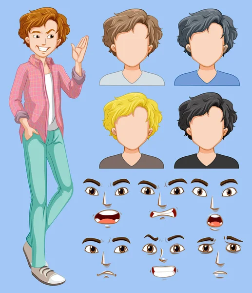 男性の頭や顔の表情イラストのセット — ストックベクタ