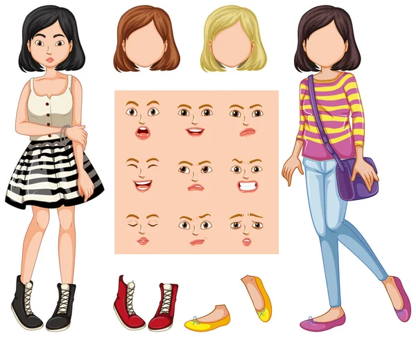 Set Girl Different Facial Expression Illustration — Stock Vector